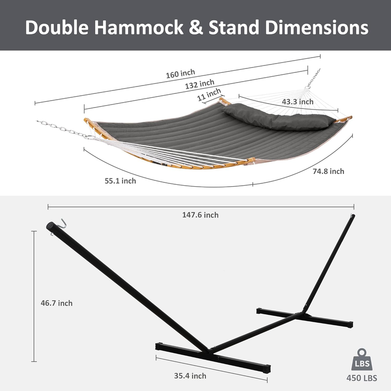 Portable Double Hammock w/ Stand Curved Bar 2 Person Outdoor Dark Gray5