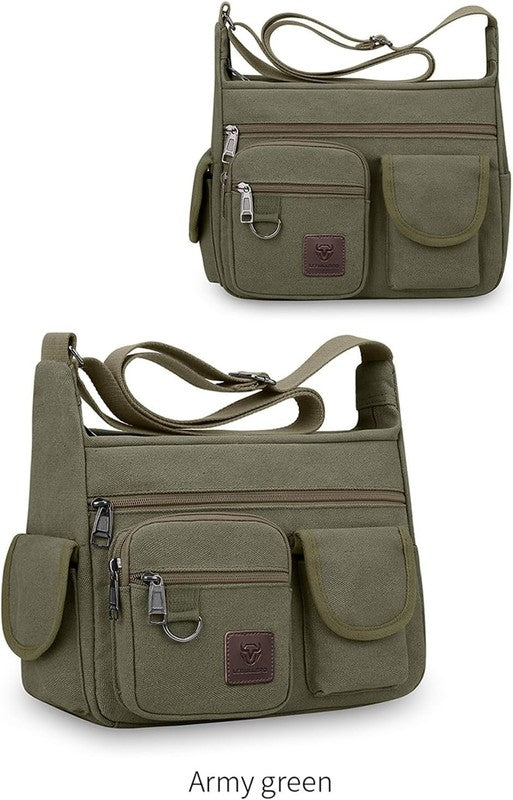 Canvas Shoulder Bag Men Multi Pocket 13 Inch Laptop Crossbody Travel Bag7