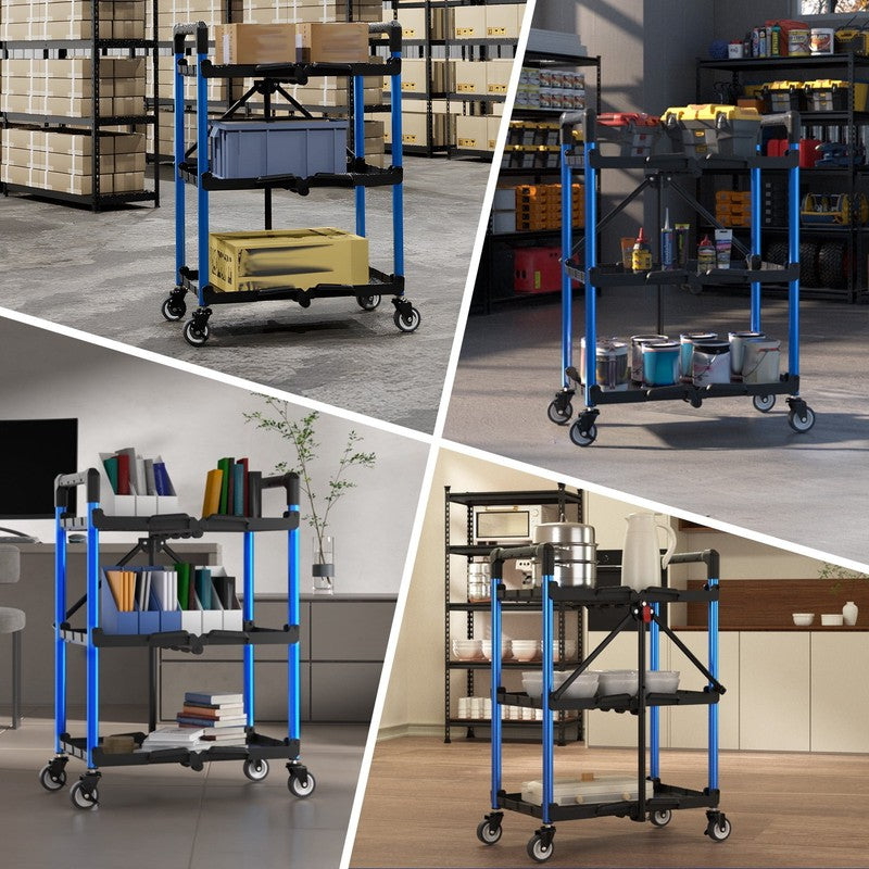 3 Tier Folding Collapsible Service Cart with Wheels, 210 Lbs Loading Capacity, F1