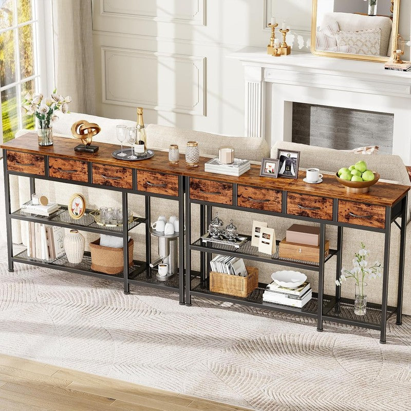 47" Industrial Entryway Table Sofa Console 4 Fabric Drawers Rustic Brown7