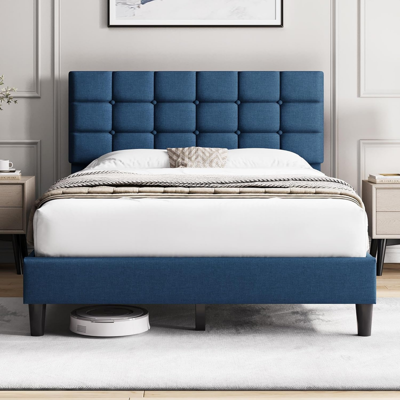 Upholstered Full Bed Frame Tufted Headboard Adjustable Wood Slats Navy Blue10
