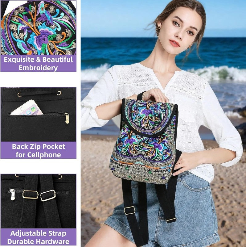 Women Embroidered Backpack Boho Floral Mini Travel Shoulder Bag Purple2