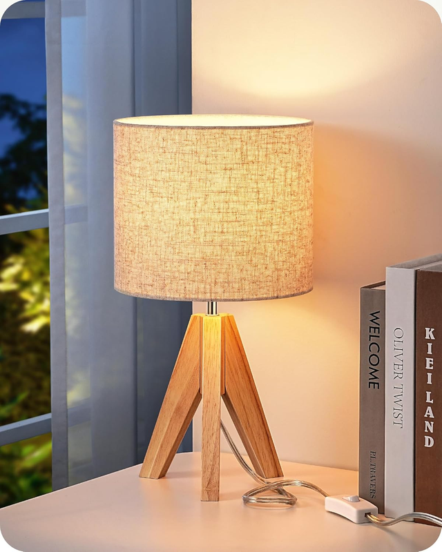 Small Table Lamp Boho Bedside Wood Tripod Linen Shade Nightstand 14.2in8