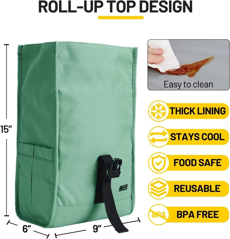 Insulated Roll Top Lunch Bag for Women Men Foldable Tote w/ Shoulder Strap Green3