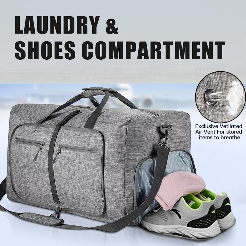 65L Foldable Travel Duffle Bag w/Shoe Compartment Waterproof Gray3
