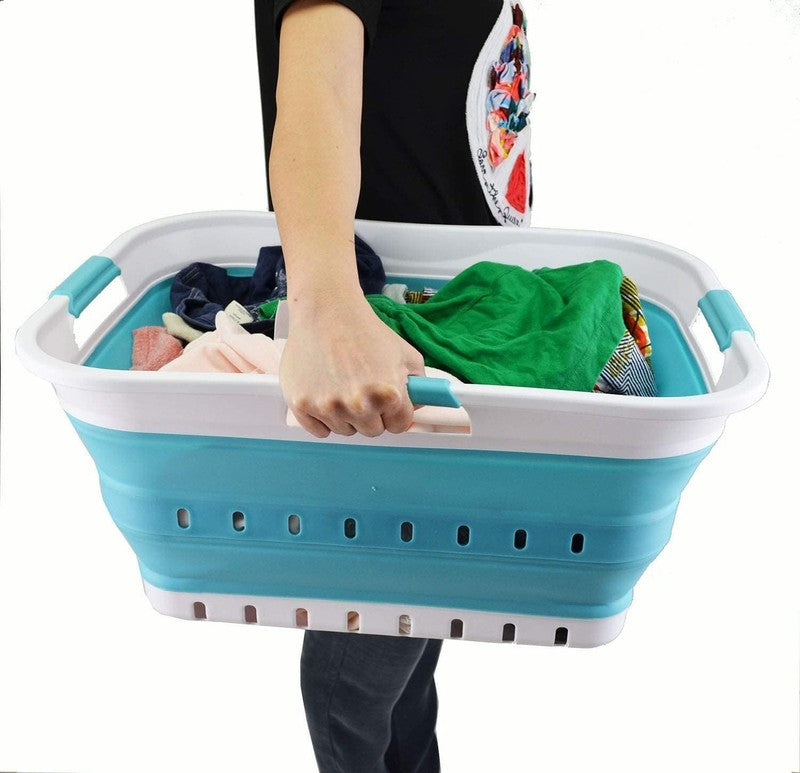42L Collapsible Plastic Laundry Basket White/Bright Blue Foldable Hamper6
