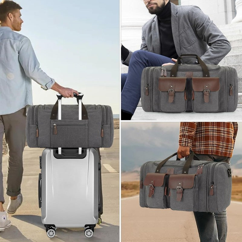 50L Canvas Travel Duffle Bag Expandable Leather Overnight Carry On7