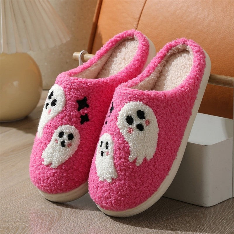 Cute Ghost Plush Halloween Slippers Warm Comfy Slip On for Women & Men Pink2