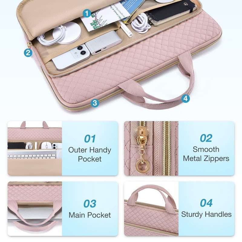 15.6 Inch Laptop Sleeve Shockproof Padded Zipper Case with Handle Pink4