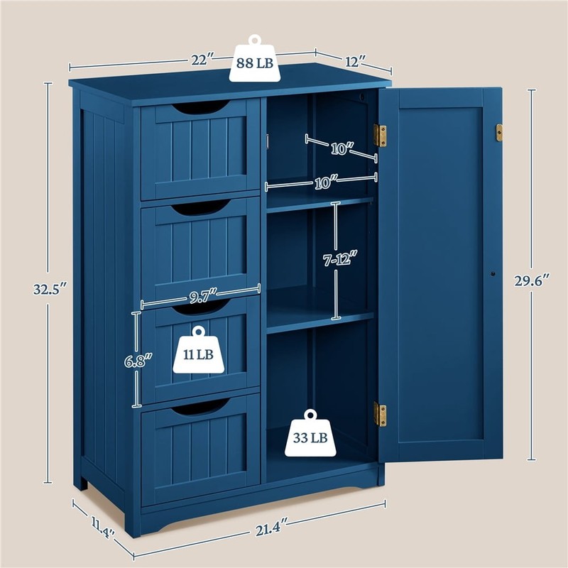 Wooden Bathroom Cabinet with Drawer and Freestanding, Navy Blue4