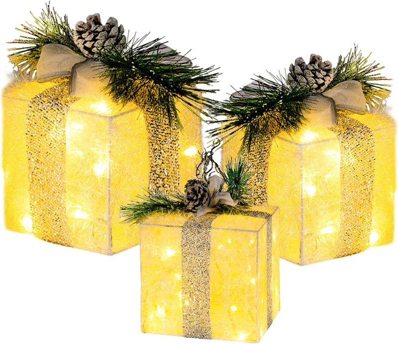 Set of 3 Christmas Lighted Gift Boxes, Plug in 60 LED Light up Tinsel Present Bo6