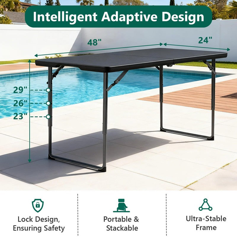 4 Ft Adjustable Height Folding Table, Max Load 400Lbs, Portable Camping Table wi4
