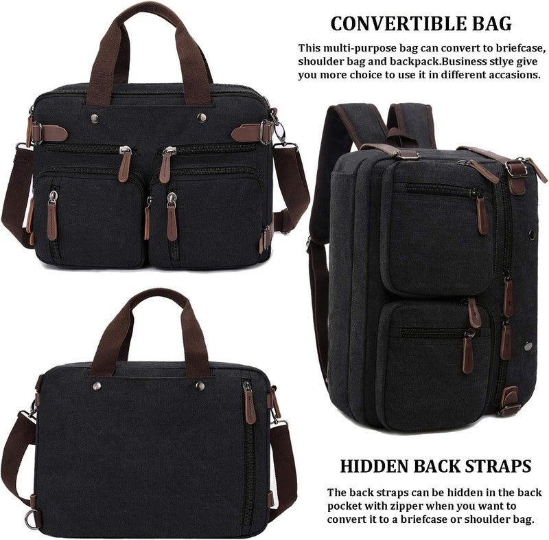 3 in 1 Canvas Laptop Bag 17.3 Inch Convertible Shoulder Travel Business Black3