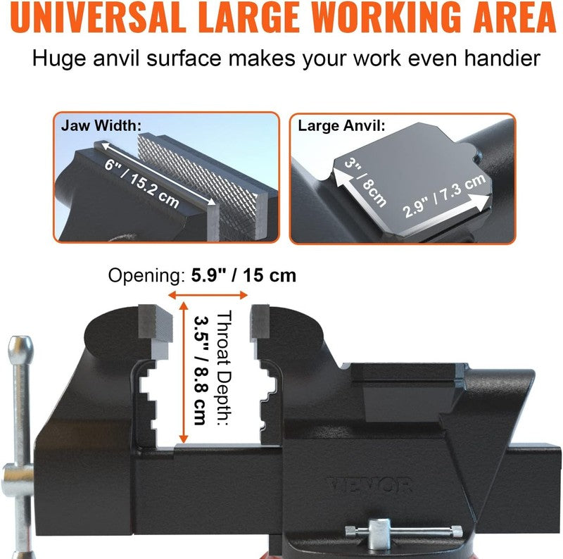 Bench Vise, 6 Inch Jaw Width 5.9 Inch Jaw Opening, 360 Degree Swivel Locking Bas2