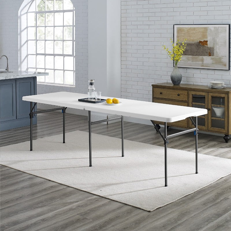 White 8 Foot Folding Plastic Table, Heavy Duty, Easy-Fold, Indoor Outdoor, Scrat0