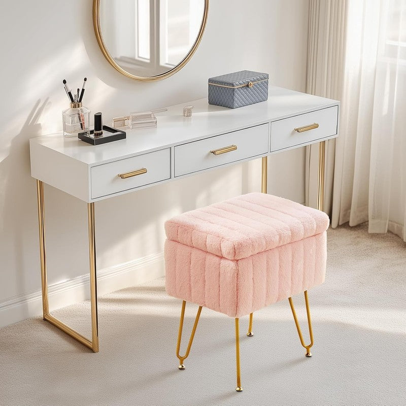 Vanity Stool Ottoman with Storage Faux Fur Seat Footrest Chair 4 Metal Legs Pink2