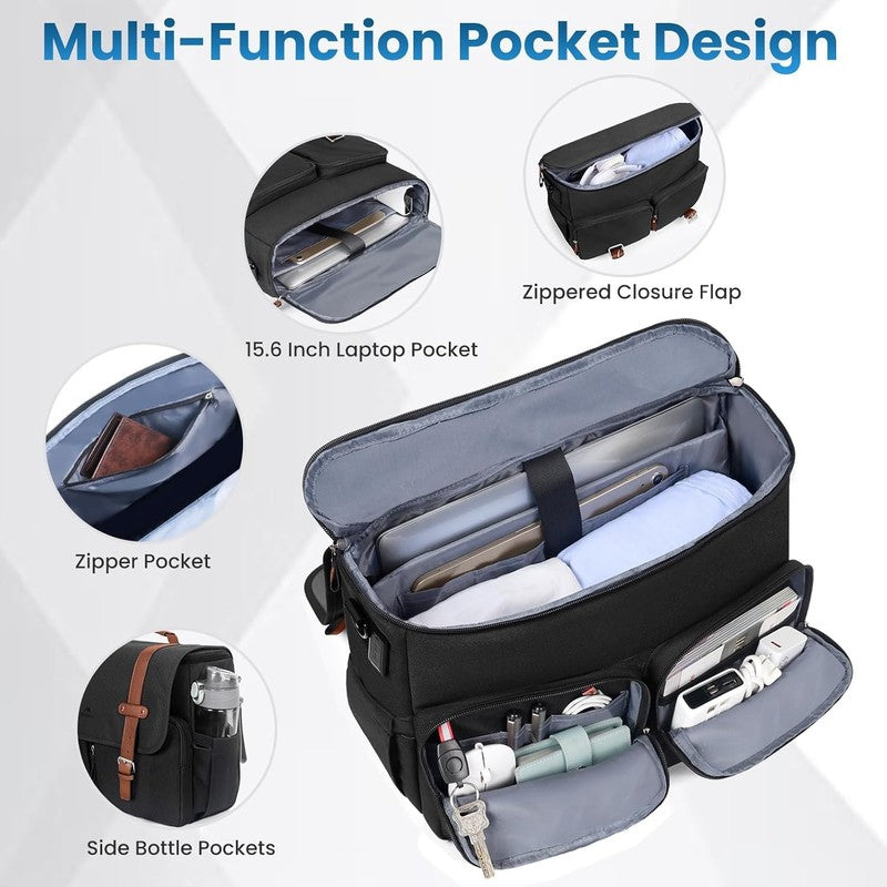 Messenger Bag 15.6 Inch Laptop USB Charging Port Water Resistant Satchel Black3