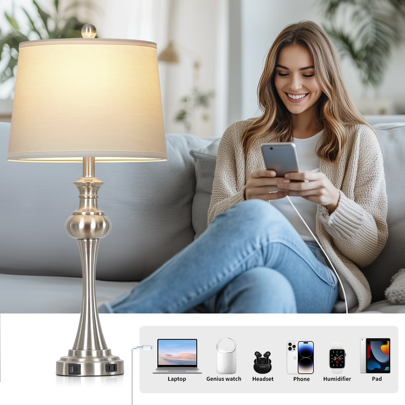 Modern Table Lamp Set of 2 with USB C+A Ports AC Outlet for Bedroom Living Room 1
