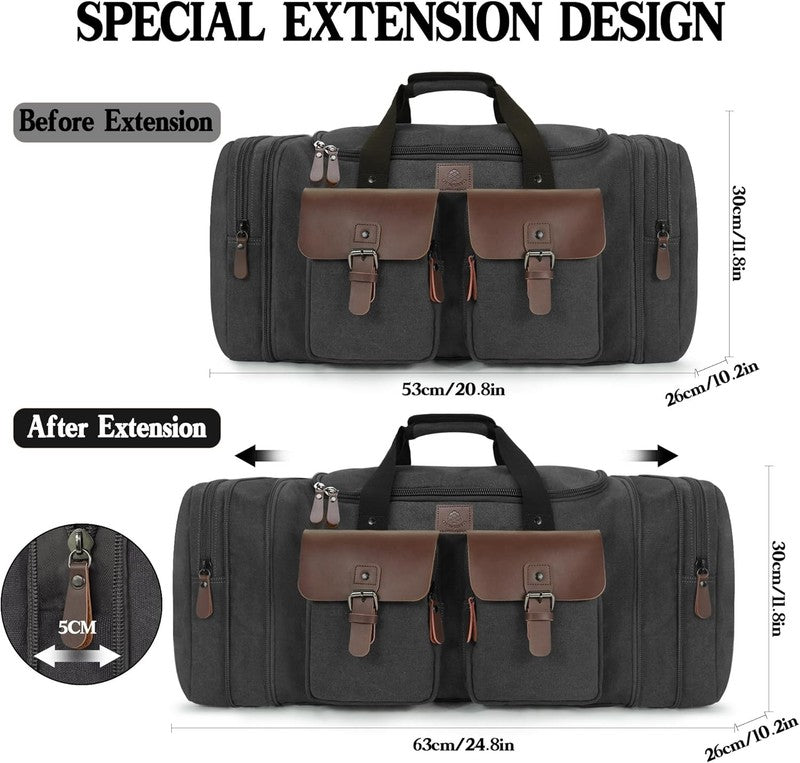 50L Canvas Duffle Bag Men Travel Duffel Expandable Leather Carry On Black1