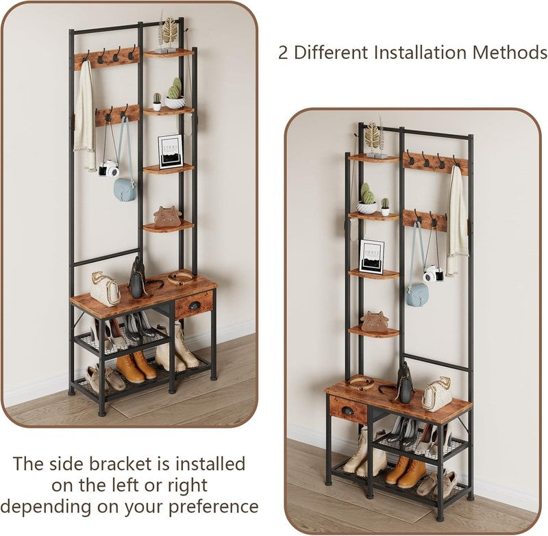 Hall Tree Entryway Bench with Coat Rack & Shoe Storage 4-in-1 Rustic Brown3