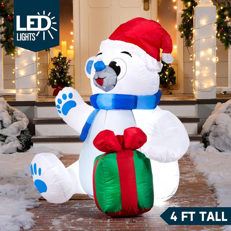 4 Ft Christmas Inflatable Polar Bear with Gift Decoration, Blow up Polar Bear wi1