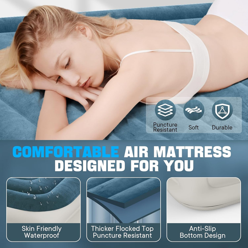 Queen Air Mattress w/ Built In Pump Foldable Inflatable Bed for Home Camping2
