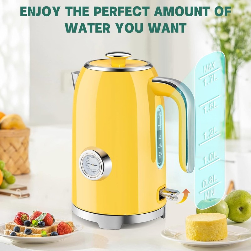 Electric Kettle 57Oz 1500W Stainless Steel Fast Boil w/ Thermometer Yellow4