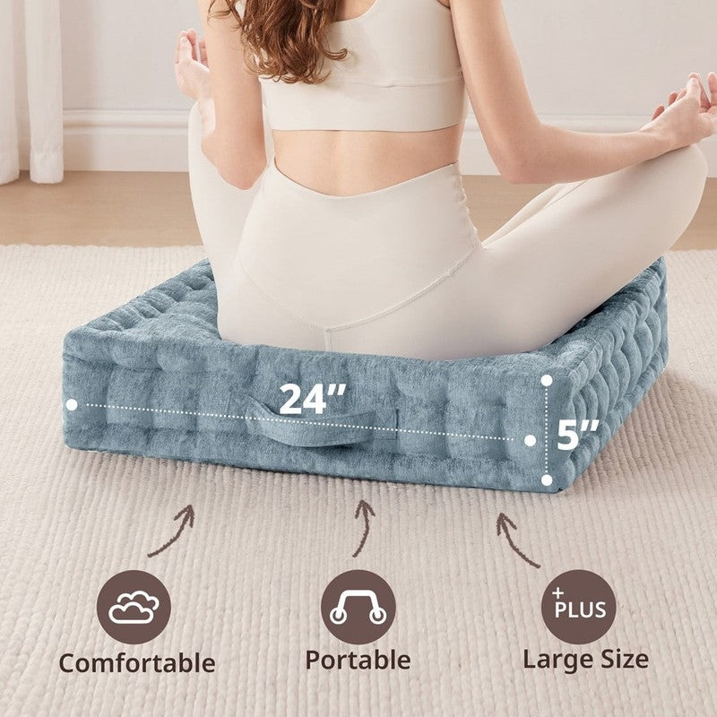 Large Tufted Floor Pillow 24"x24" Chenille Meditation Cushion Aqua5