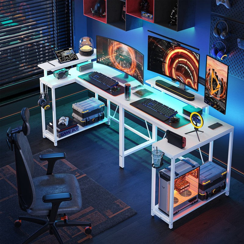 42" Reversible L-Shaped Gaming Desk LED with Monitor Stand & Headset Hooks White3