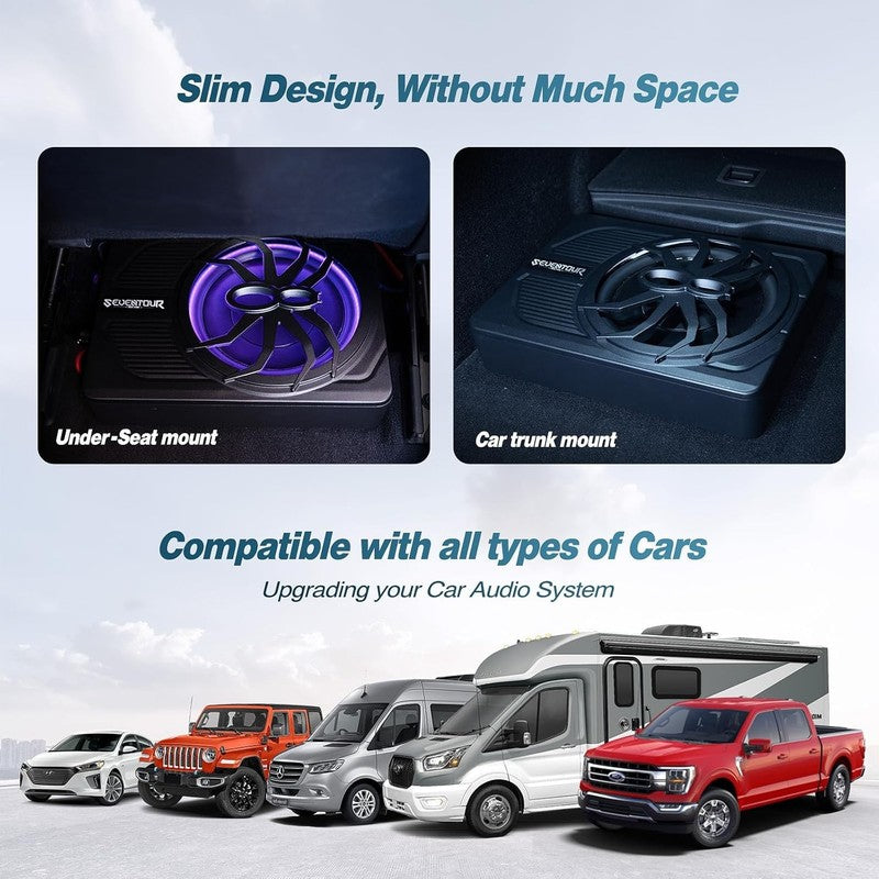 10" 800W Slim Under Seat Car Subwoofer with Built-in Amp & LED Light4