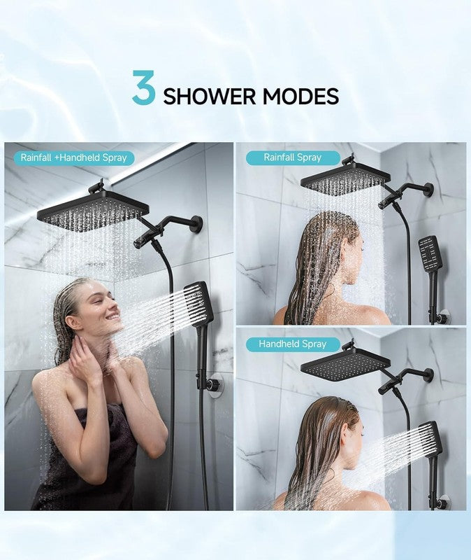 12" Rain Shower Head w Handheld Dual Adjustable Waterfall Matte Black3