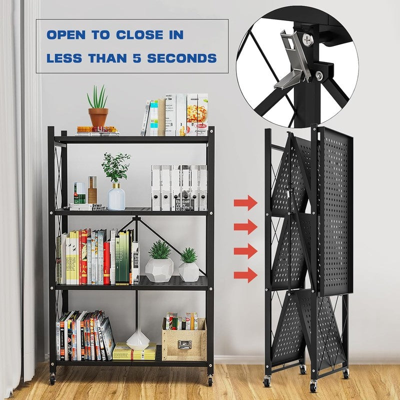 4 Tier Foldable Storage Shelf w Wheels Metal Rolling Rack for Kitchen Pantry4