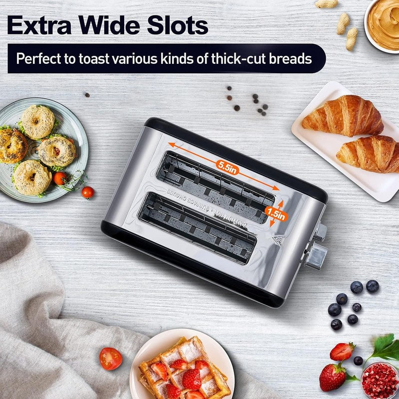 Black 2 Slice Toaster Stainless Steel - LED Display, Wide Slots, 6 Shades, Bagel3