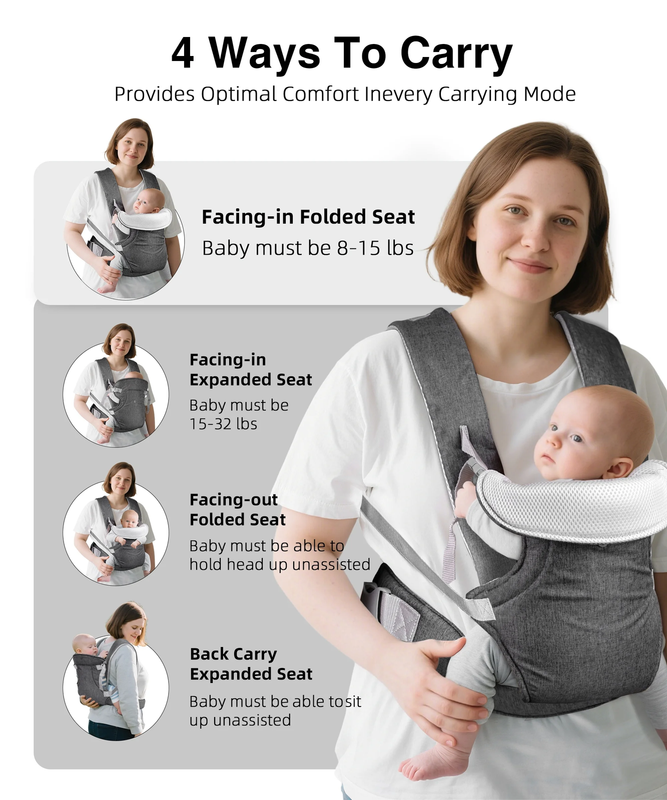 Baby Carrier, Convertible Soft & Cool Baby Carrier, 4-Position, Gray, for Child,5
