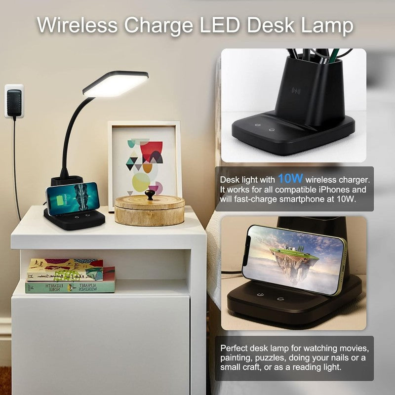 LED Desk Lamp with Wireless Charger & Pen Holder, Dimmable 3 Color Modes1