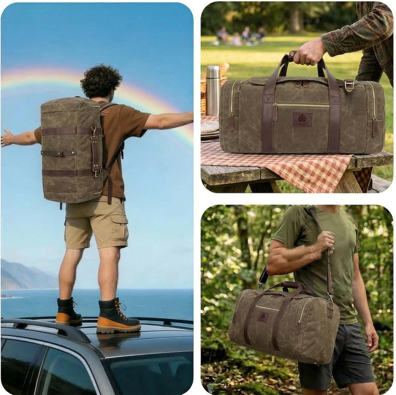 Duffle Bag for Travel, 50L Waxed Canvas Duffle Bag Vintage Travel Bag Overnight 8
