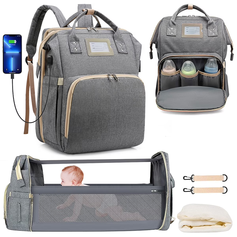 Diaper Bag Backpack w/ Crib, USB, Bottle Pocket, Changing Pad – Gray0