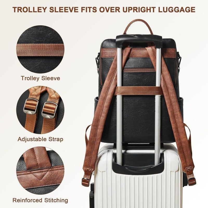 Women Laptop Backpack 15.6" Leather Travel Work Water Resistant Black Brown3
