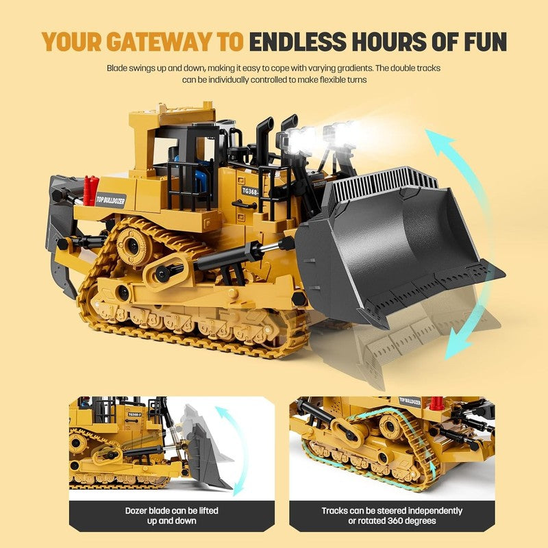 Metal RC Bulldozer Toy for Kids | 9 Channel Remote Control Track Type Tractor wi3
