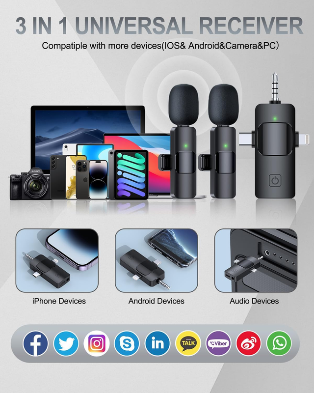 3 in 1 Professional Wireless Lavalier Microphone for Iphone, Android, Camera, Wi7