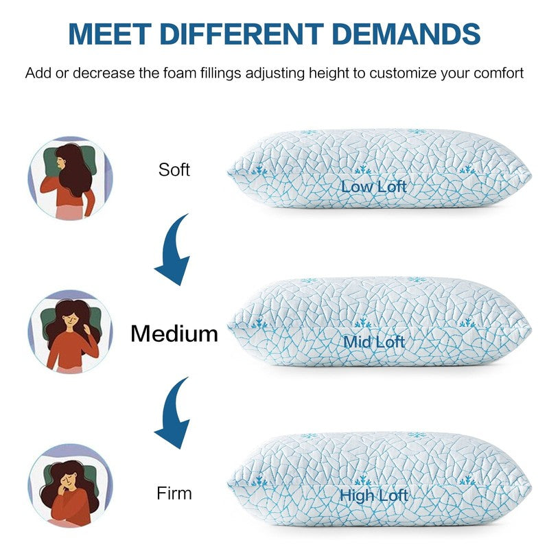 Cooling Memory Foam Queen Pillows Set of 2 Adjustable Support 30"x20"6