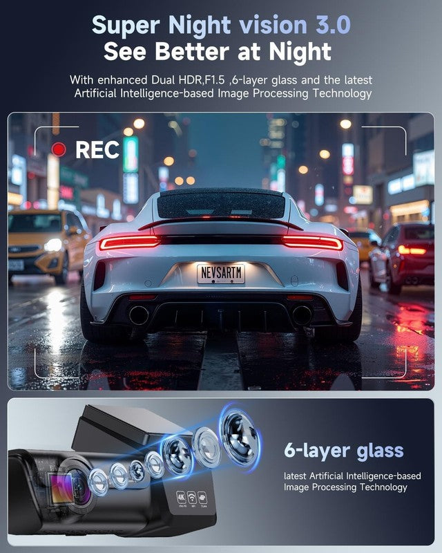 4K+1080P Dual Dash Cam Front Rear w/ 64GB Card 5G WiFi App Night Vision3
