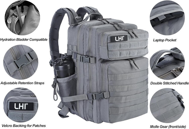 Military 45L Tactical Backpack Grey MOLLE Assault Pack Travel Bag6