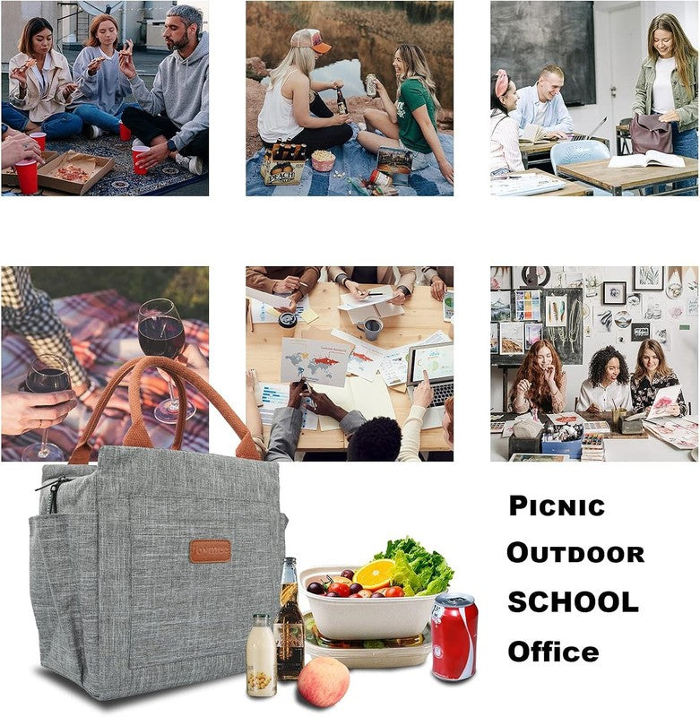 Insulated Lunch Bag Women Men Leakproof Large Cooler Tote w Bottle Holder Grey6