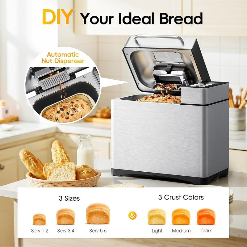 2LB Bread Maker 19-in-1 w/ Fruit Nut Dispenser Stainless Steel2