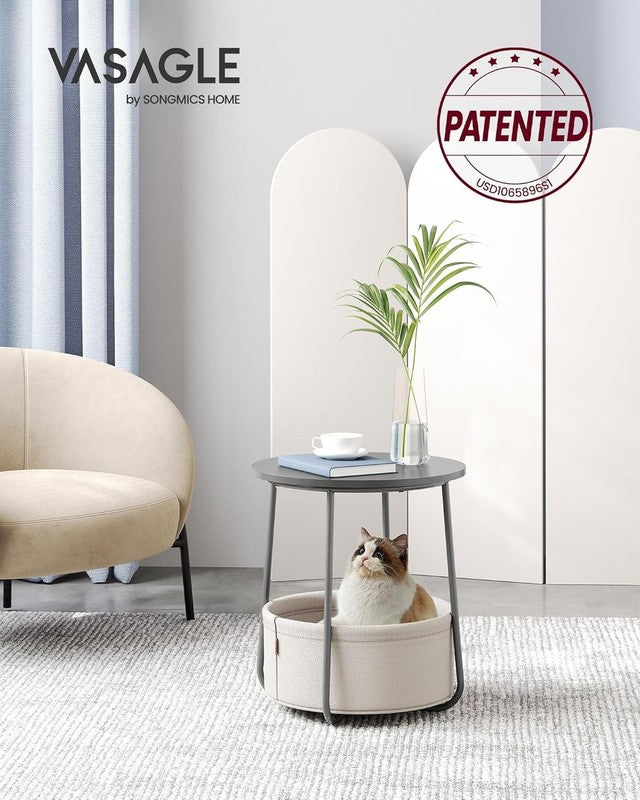Modern Round Side Table Nightstand with Fabric Basket Cement Gray Cream2