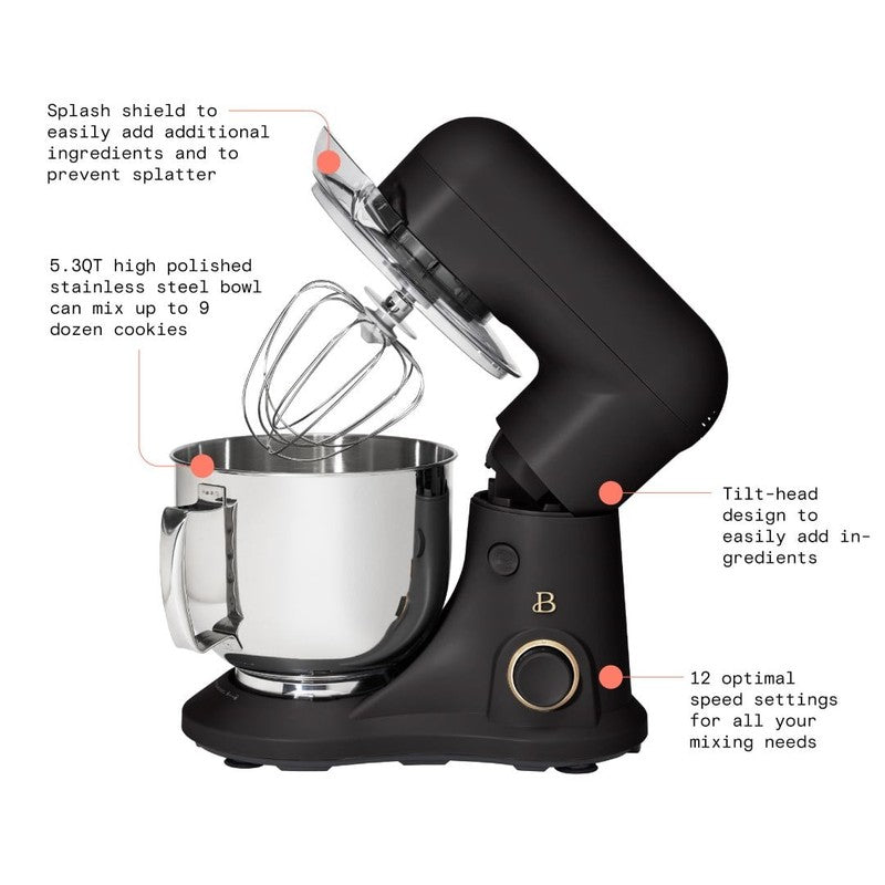 Beautiful 5.3 QT Stand Mixer w/ Flat Beater, Dough Hook by Drew Barrymore Black11