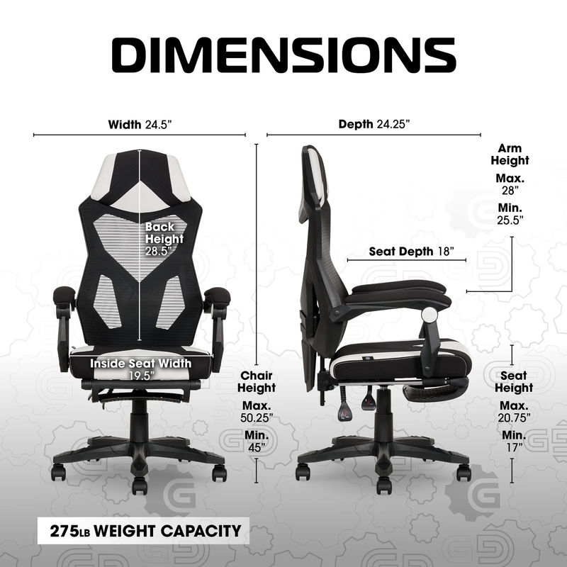 Gaming Office Chair with Extendable Leg Rest White Black Fabric Ergonomic2