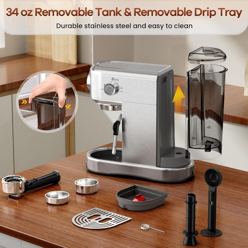 Espresso Machine, 20 Bar Compact Espresso Maker with Steam Milk Frother, Stainle5