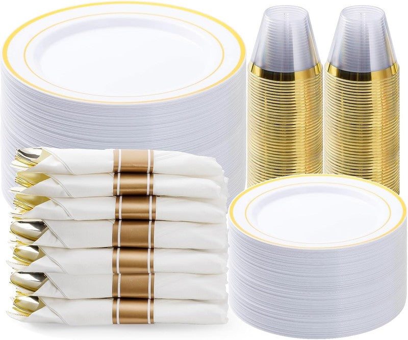 350PCS Gold Plastic Dinnerware Set, Disposable Party Plates for 50 Guests, Inclu1